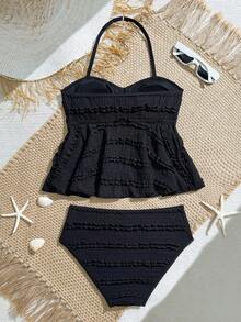 SHEIN Tween Girls Tankinis, Adorable Knitted Jacquard Fabric Halter Crop Top With Ruffle Hem Swimwear Two Pieces Set, Fashionable, Elegant, Suitable For Swimming, Beach, Vacation, Summer Tankini Set Black Tankini Swimwear Two Pieces Swimwear Black Bathing Suits For Girls Two Pieces Textured Swimwear Textured Tankini Two Pieces Swim Textured Tankini Swimwear Tween Black Black Two Pieces Swimwear Textured Swimwear - Black - View 2