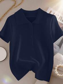 GlowEve CURVE Áo thun tay ngắn LUNE cỡ lớn dành cho nữ, phối màu đơn giản, đa năng cho mùa hè, mặc hàng ngày, cổ bẻ, thích hợp cho thể thao, công sở, đi làm - Màu xanh lam - Xem 1