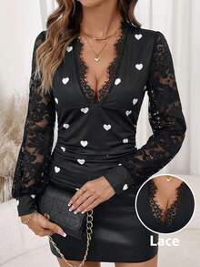 SHEIN Clasi Women's V-Neck Long Sleeve Black Lace Trim Fitted Pleated Elastic Elegant Casual Commute T-Shirt, Autumn/Winter - Black - View 8