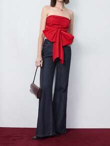 Maija 女士时尚蝴蝶结前系带褶皱后背吊带背心，百搭优雅，适合派对、聚会、情人节等场合，修身紧身红色胸衣节日 - 紅色 - 查看 2