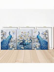3D立体插图，包含3幅蓝色孔雀和花瓶图案，展现植物和花卉的三维效果，艺术帆布画，适用于客厅和卧室，可重复使用，可拆卸墙面装饰，无框画。 - 彩色 - 查看 6