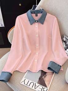 GlowEve 女士休闲拼接牛仔衬衫，秋冬款 - 粉色 - 查看 3