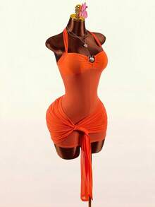 Amplova 2026 Early Spring New Arrival Low-Cut Shell Metal Accessory Front Tie Hem Women Mini Dress - Orange - View 4