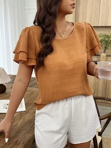 Weeklong Áo kiểu tay ngắn, viền bèo nhún. - màu nâu - Xem 4