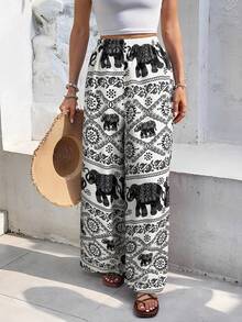 SHEIN Frenchy 休闲大象印花宽松裤 - 杏色 - 查看 1