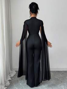 Elenzga Women's V-Neck Applique Cape Design Fashionable Jumpsuit Wide Leg Pants For Party