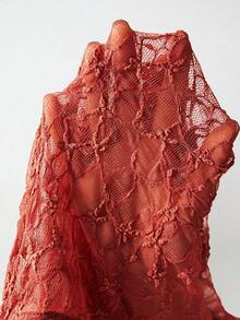 Bohemela Áo kiểu nữ thanh lịch màu trơn dệt kim ren cổ vuông xếp nếp vạt bất đối xứng - trái cam - Xem 9