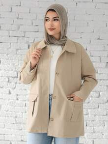 Livesso Loose Fit Color Block Lapel Collar Pockets Casual Long Sleeve Ladies Jacket,Fall Women Clothes Women Coats - Khaki - View 1