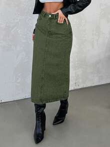 SHEIN Cottnline Women's Vintage Denim Skirt - Dark Green - View 3
