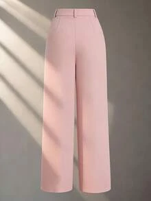 Franclia 女士纯色牙签条纹宽松阔腿休闲裤 - 淺粉色 - 查看 2