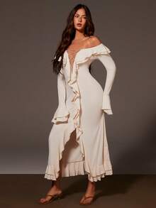 Athîral 女士纯色休闲荷叶边连衣裙 - 米色 - 查看 4