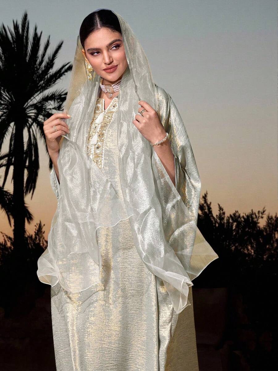 Al Najma Vestido de estilo árabe con cuello en V holgado, mangas de murciélago y diseño con flecos - Rosa - Ver 1