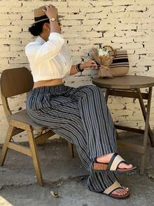 Dazy Plus Elastic Waist Casual Striped Loose Wide Leg Long Pants, All Season - Navy Blue - View 4