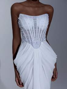 Elitara 优雅奢华白色网纱腰部透视多鱼骨装饰船领荷叶边鱼尾婚纱 - 白色 - 查看 3