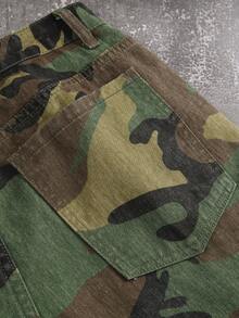 Manfinity EMRG Men's Summer Casual Camouflage Print Studded Rhinestone Denim Shorts - Army Green - View 6