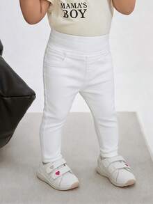 SHEIN Baby Girls' Solid Color Casual Everyday Minimalist Design Jeans - White - View 3