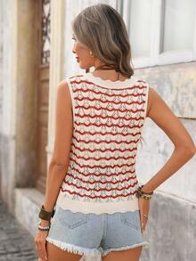 Brillora Women's V-Neck Sleeveless Geometric Pattern Cardigan, Casual Vacation Wear, Spring/Summer - Red - View 2