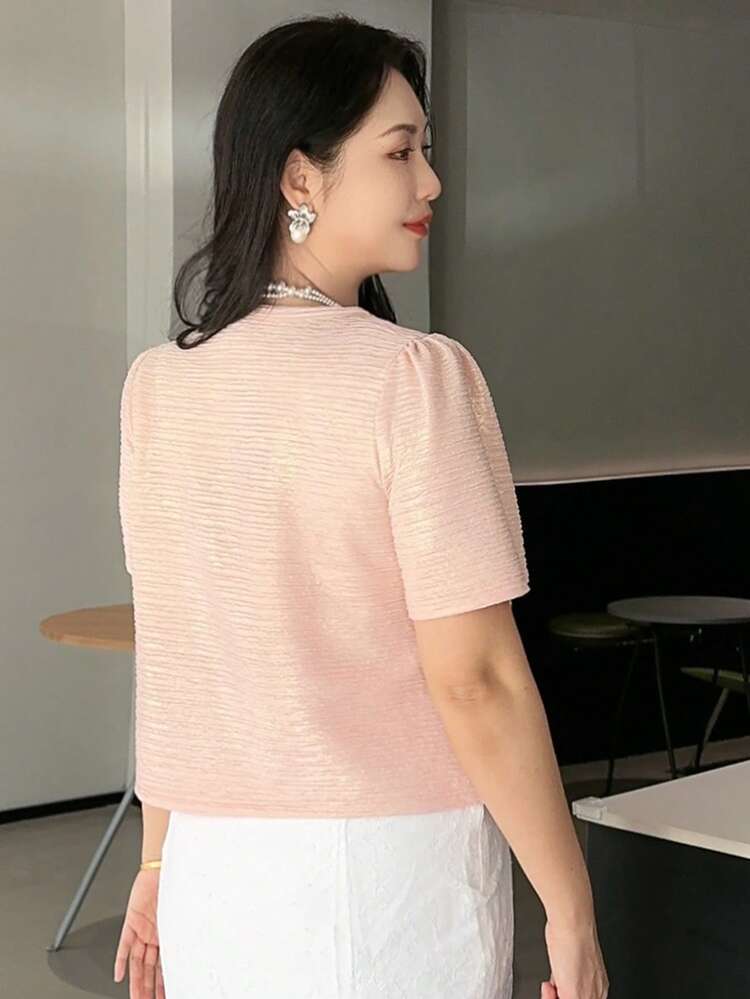 Dazy Plus Pink Elegant Cropped Shirt With Round Neck Short Sleeve