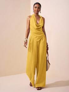 Zivah 2025 Spring/Summer New Music Festival, Easter, St. Patrick's Day, Western, Nomadic, Birthday Party, Graduation, College, Student, Casual, Daily, All-Match, Leisure, Vacation, Cruise, Beach, Sunbathing, Trending, Streetwear, Wedding Guest, Boho, Commute, Brunch, Airport Asymmetric Knot Design Pointed Collar Top In Brown Textured Fabric, Flared Collar Top And Wide Leg Pants Linen 2-Piece Set - Yellow - View 4