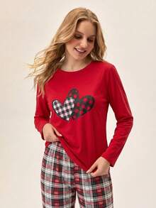 Loomlin 100% Cotton 2pcs  Heart Printed Long Sleeve Top And Plaid&Heart Printed Sleep Bottom PJ Set - Red - View 5