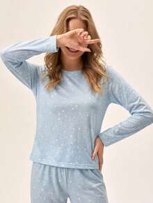 Loomlin Cottonline 女士两件套星星图案家居服可爱睡衣套装 - 薄荷藍 - 查看 5