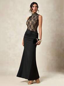 Briarwyn 女士蕾丝领褶裥优雅无袖连衣裙 - 黑色 - 查看 4