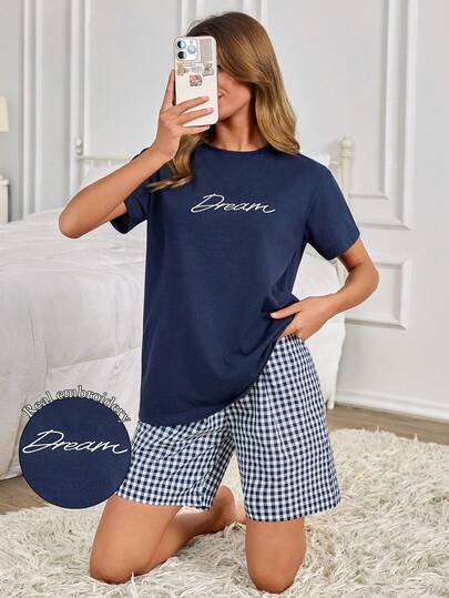 EURMUSE Plaid Pajama Set – Cozy Pink Long Short Top & Checked Pants Valentine's Day Loungewear, Cute