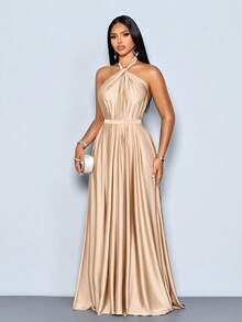 SOLERSUN Women's Elegant Apricot Satin Ruched Halter With Belt Maxi Dress,Ruched Flowy Backless Evening Gown For Formal Party Prom Wedding Guest - Khaki - View 6