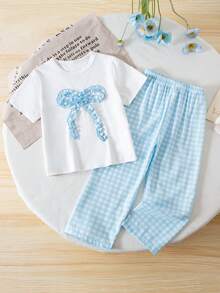 Young Girl Vintage Blue Plaid Short Sleeve Top And Pants 2-Piece Casual Pajama Set, Crew Neck With Ruffle Bow Decor, Fashionable And Versatile For Spring/Summer - Blue - View 4
