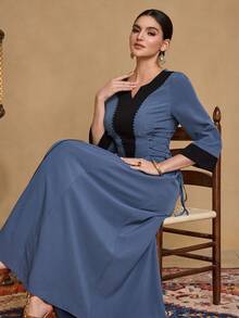 Al Najma Women's Solid Color Casual Fashionable Minimalist Contrast Color Patchwork Tie Waist A-Line Arabic Style Dress - Navy Blue - View 7