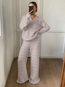 DAZY 2件套女士冬季条纹波点提花宽松睡衣套装 - 淺灰紫 - 查看 4