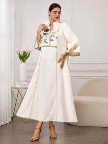 Al Najma Đầm Abaya dài tay cổ đứng thêu hoa vintage dành cho nữ, viền vàng. - trắng - Xem 3