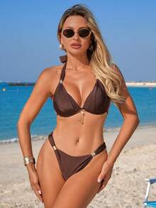 Swim Lushoire Women's Casual Vacation Rust Brown Textured Fabric Bikini Two Pieces Swimsuit - Coffee Brown - View 3