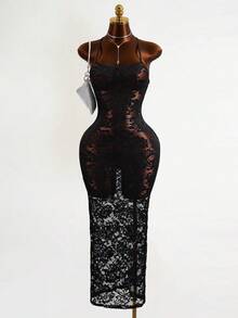 Mistrie Black Floral Lace Long Dress-Thin Straps-Transparent Sexy Long Dress - Black - View 1