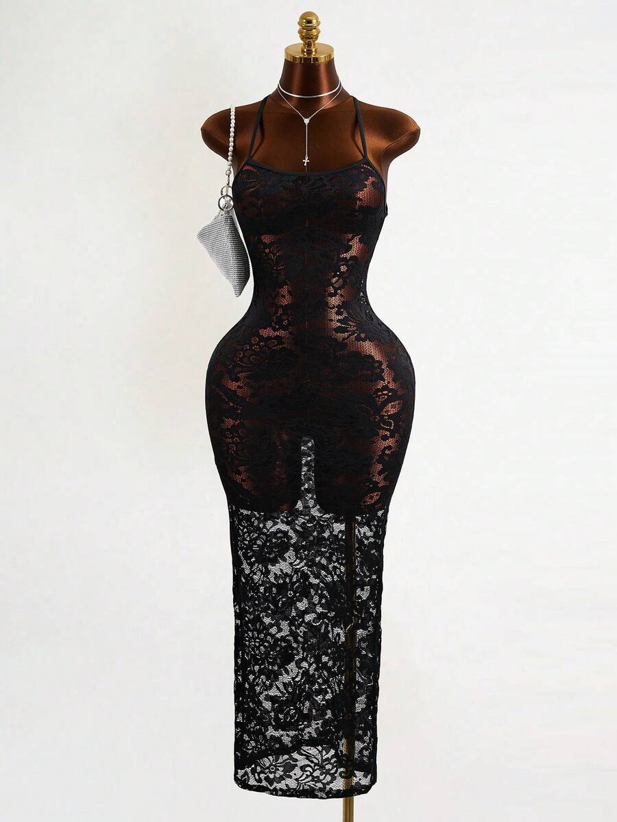 Mistrie Black Floral Lace Long Dress-Thin Straps-Transparent Sexy Long Dress - Black - View 1
