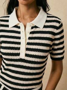 Poéselle Women's Casual Striped Slim Fit Short Sleeve T-Shirt, Summer, Striped Knit Top, Women Summer Tops, Knit Polo Shirt, Preppy Summer Top, Preppy Style Tops
