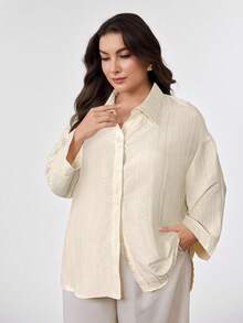 Veilorie Plus Size Women's Casual Basic Button-Down Long Sleeve Shirt - Apricot - View 1