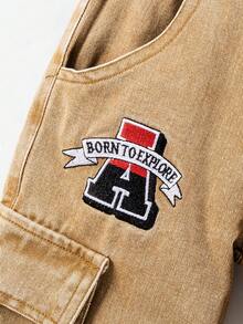 Pantalones cargo de pierna recta y ajuste holgado con pespuntes de contraste para niño - Caqui - Ver 6