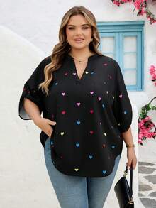 SHEIN CURVE+ 加大码女式V领爱心印花休闲日常通勤中袖衬衫/情人节/大码女式V领爱心印花休闲日常通勤中袖衬衫 - 彩色 - 查看 6