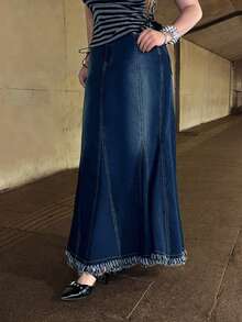 ROMWE Váy ngắn denim ôm sát người kiểu hippie cổ điển dành cho nữ cỡ lớn, có tua rua ở gấu váy và cạp chun. - Màu xanh lam - Xem 5
