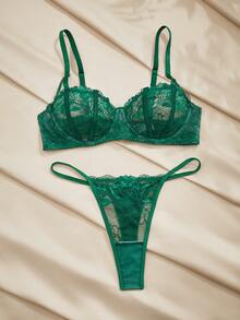 Charlaine 2件装橄榄绿钢圈提拉丰胸半罩杯蕾丝拼接薄纱女士内衣套装 - 墨綠色 - 查看 8