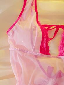 Elegant Lace Patchwork Contrast Color Deep V-Neck Bowknot Ruched Sexy Nightgown, Charming & Graceful For Women - Pink - View 7