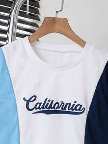 Vacaura 2pcs/Set Tween Boys' Blue, White & Navy Patchwork T-Shirt Paired With Blue Shorts, Soft & Comfortable Fabric, Suitable For Summer Outings, Photoshoots, School, And Various Occasions - Multicolor - View 7