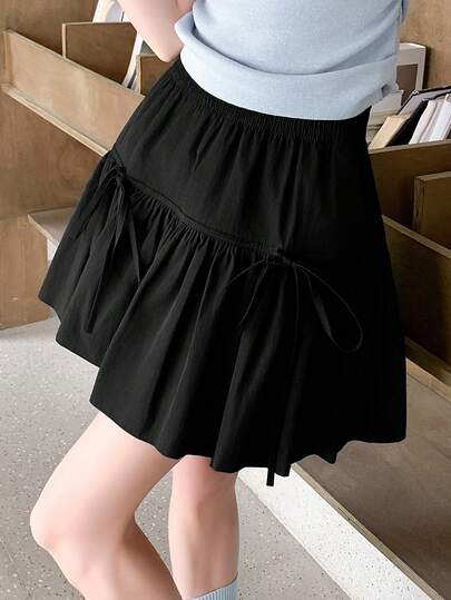 K-Vae 夏季休闲百搭纯色蝴蝶结抽绳泡泡裙