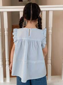 Dazy Kids 少女圆领荷叶边休闲百搭衬衫 - 藍色 - 查看 2