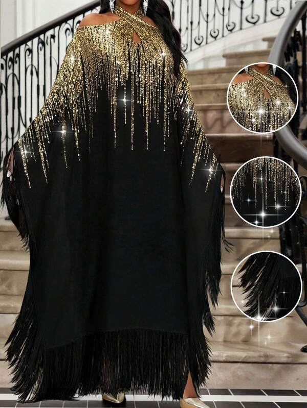 SHEIN Lady Plus Size Women Glitter Print Off Shoulder Batwing Sleeve Loose Elegant Dress Elegant Dresses For Women Elegant Party Dresses Elegant Dress For Women  Elegant Dress Women Summer Dress Valentines Day Dress Elegant Dresses For Party Summer Dresses For Women Long Summer Dress For Women Long Party Dresses Elegant Party Dress Party Outfit Summer Clothes Valentine Clothes  Valentine's Day Valentine Outfits For Women Black Dresses For Women Spring To Summer Black Fringe Top Fringe Tops Tassel Top Black And Gold Top Kaftan Dress