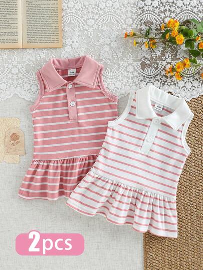 SHEIN Baby Girl Stylish Striped Lapel Sleeveless Dress, Collegiate Style, Suitable For Spring, Summer, Autumn, Outdoor Shopping, New Spring/Summer Collection, Suitable For Daily Wear, Outings And Vacations