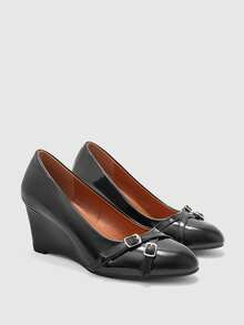 CUCCOO BIZCHIC Black Wedge Heel Slip-On Pumps With Metal Buckle Decor, Elegant And Versatile For Commuting - Black - View 7