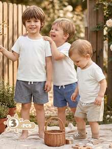 SHEIN Vintaside Kids 3pcs Baby Boy Solid Color Elastic Waist Casual Shorts,Textured Fabric Loose Sportswear For Beach Vacation,Park Outing,Daily Wear,Spring Summer Wear - Multicolor - View 7