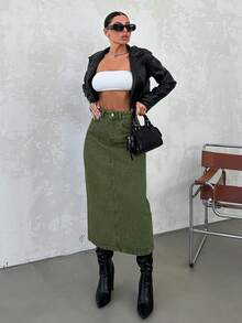 SHEIN Cottnline Women's Vintage Denim Skirt - Dark Green - View 5